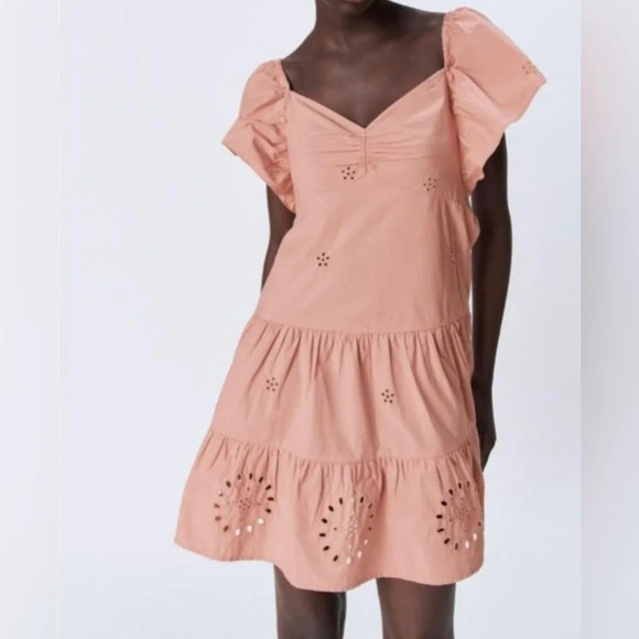 ZARA Blush Pink Mini Sundress Cutwork Embroidery Size Small Preppy Summer - Picture 4 of 6
